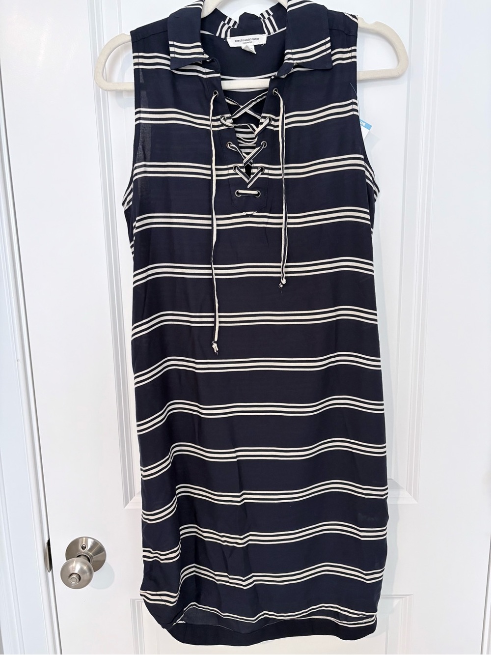beachlunchlounge Navy and White Lace-Up Collar Striped Midi Dress
